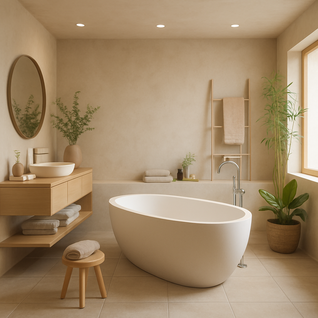 Freestanding tub in Miami spa-style bathroom remodel