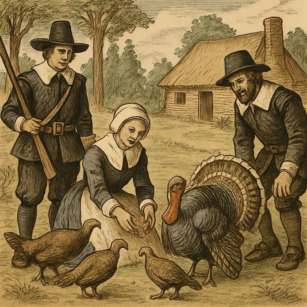 illustration of early settlers with turkeys