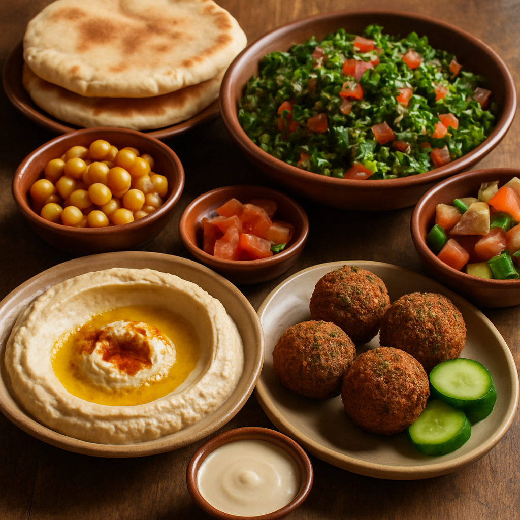 A table spread with classic Lebanese dishes, including hummus, falafel, and tabbouleh
