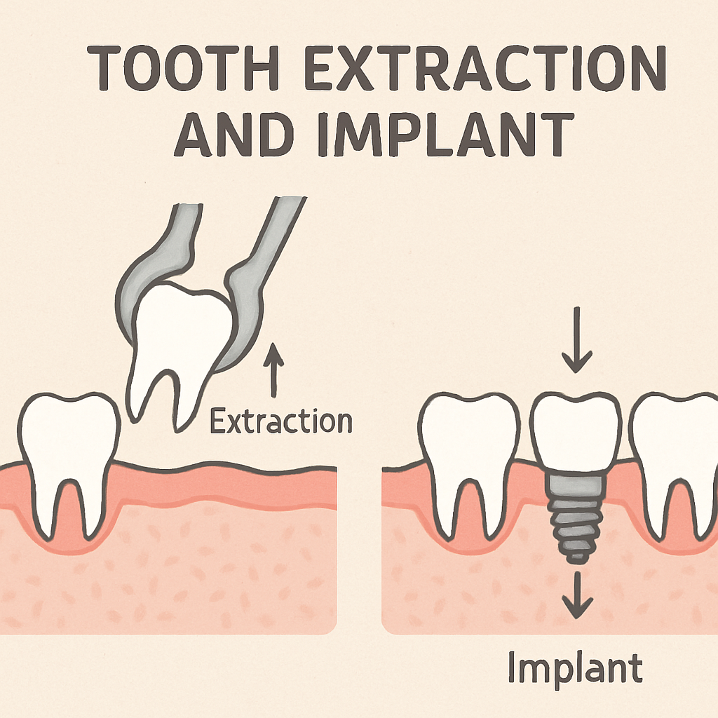 Diagram showing tooth extraction and implant procedure
