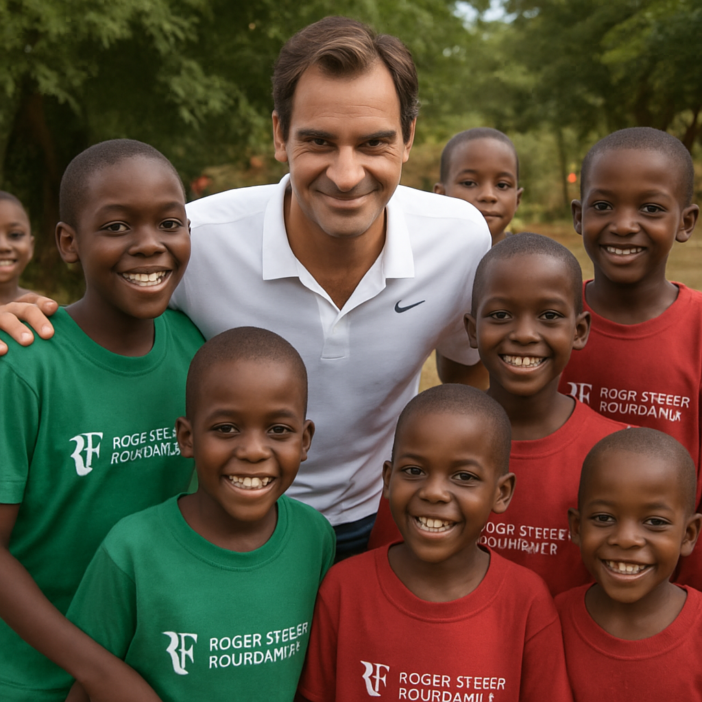 Roger Federer with children benefiting from his foundation's initiatives