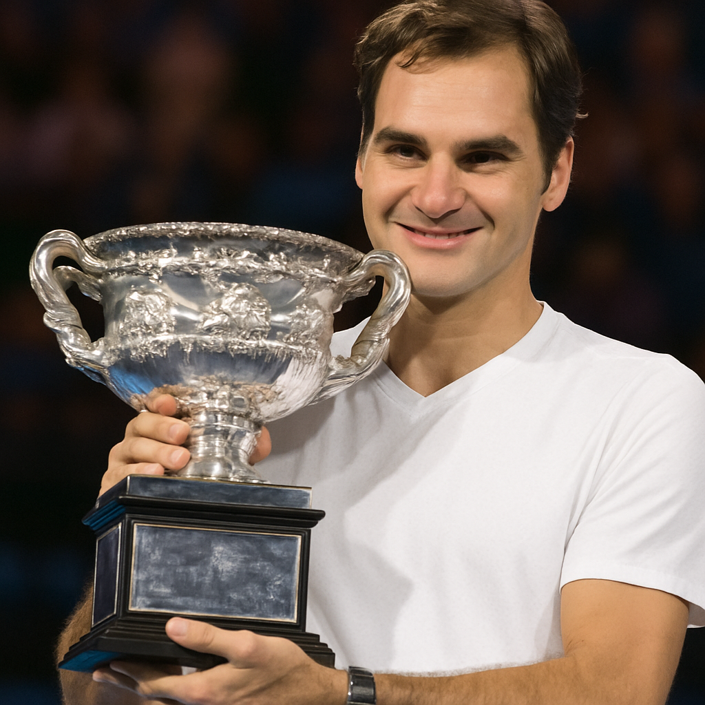Federer holding a Grand Slam trophy