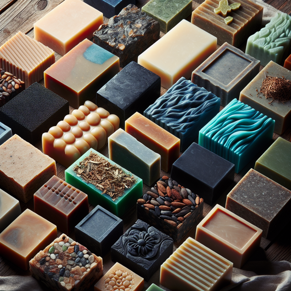 A rustic display of natural bar soaps infused with herbs, essential oils, and moisturizing butters for healthy skin.