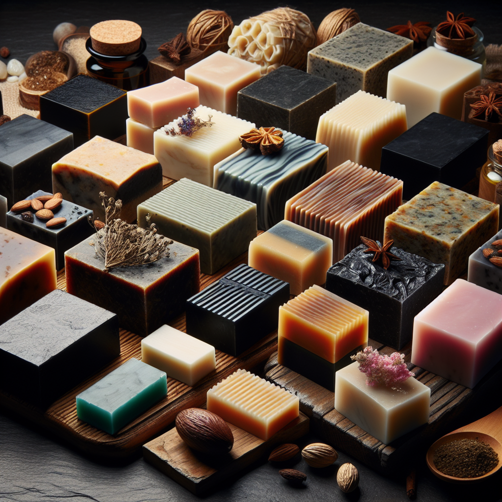 A variety of handmade organic soap bars, displayed with botanical ingredients, highlighting their eco-friendly and chemical-free composition.