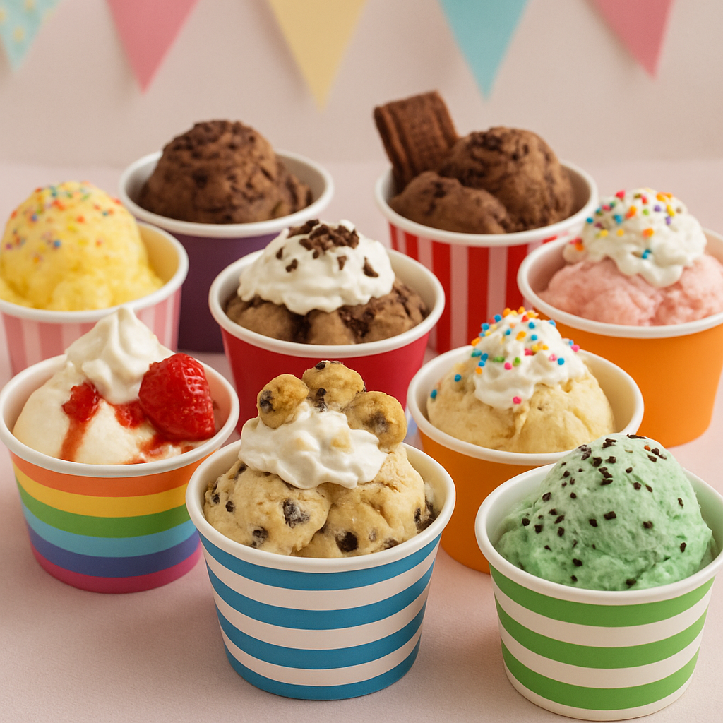 A variety of ice cream cups arranged for a party