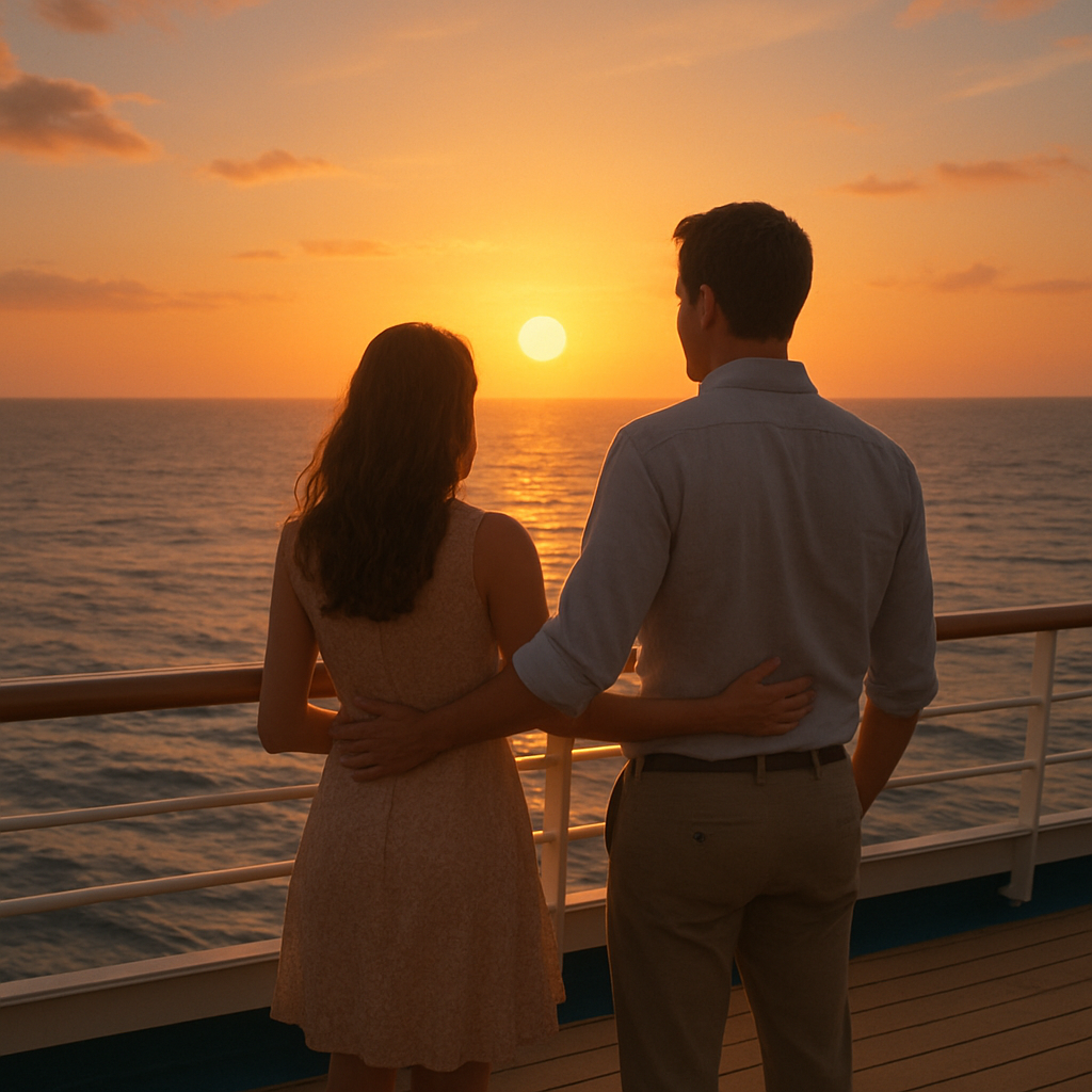 Couple on cruise ship deck at sunset