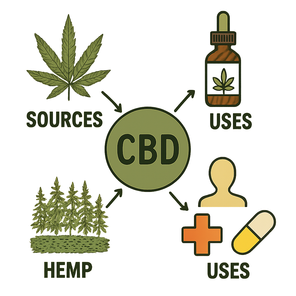 Diagram explaining CBD's sources and uses