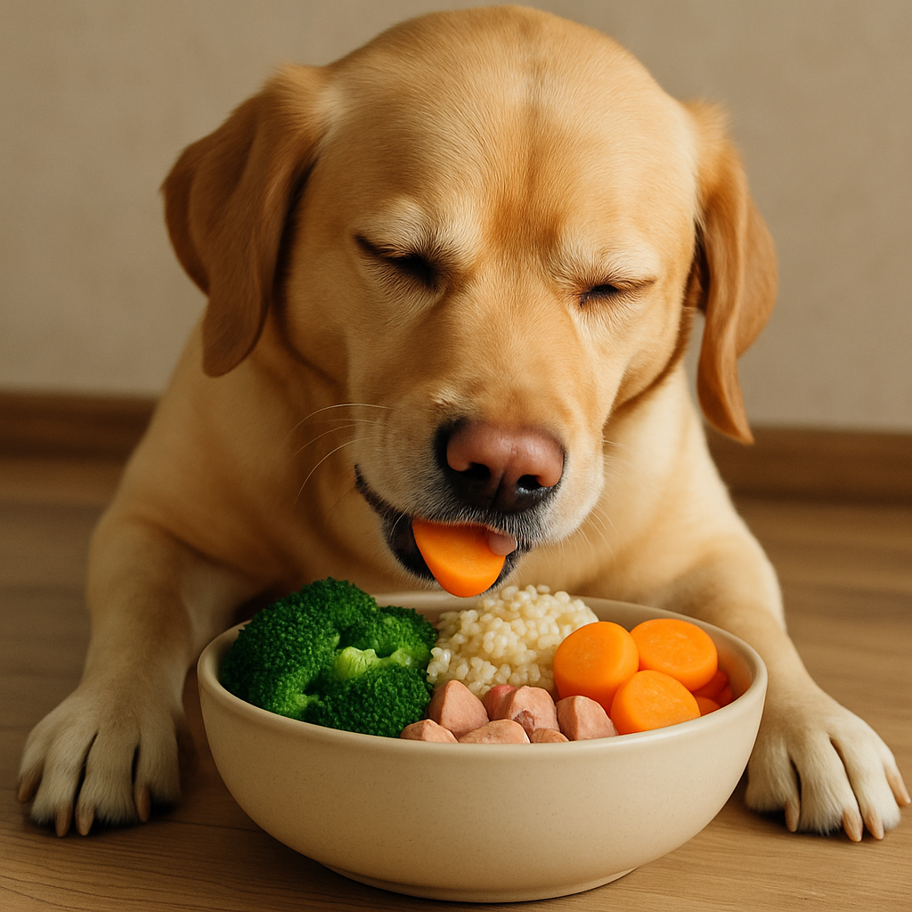 Happy dog eating healthy food