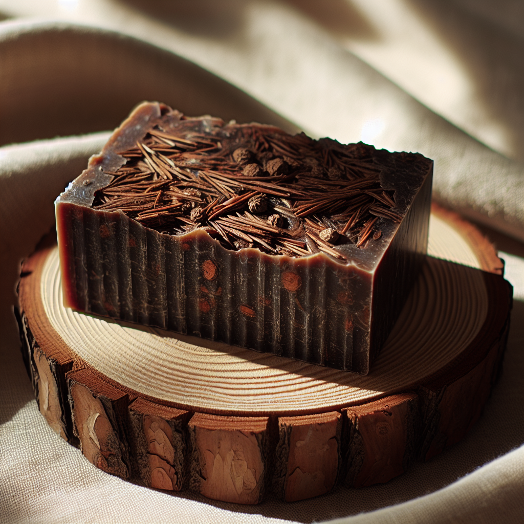 A handcrafted organic soap bar on a wooden dish, featuring natural ingredients like coconut oil, olive oil, and shea butter.