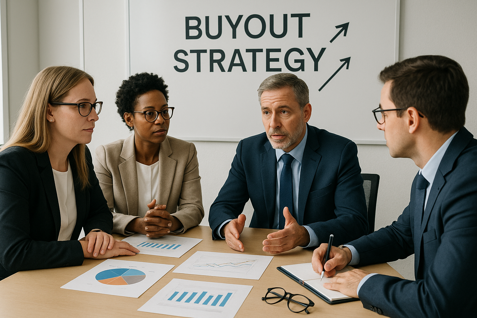 Management team discussing a buyout strategy