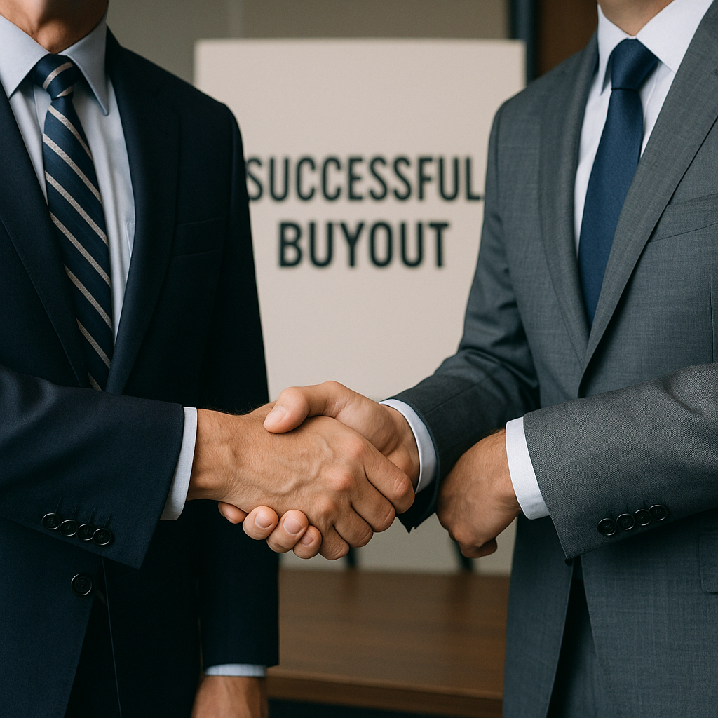 Corporate handshake signalling a successful buyout