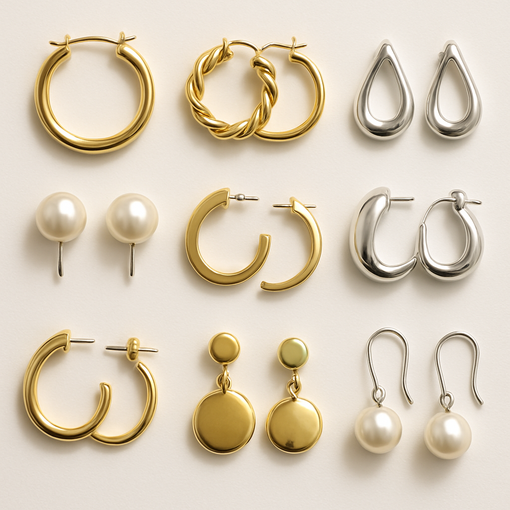 A collection of clean and shiny earrings in various materials