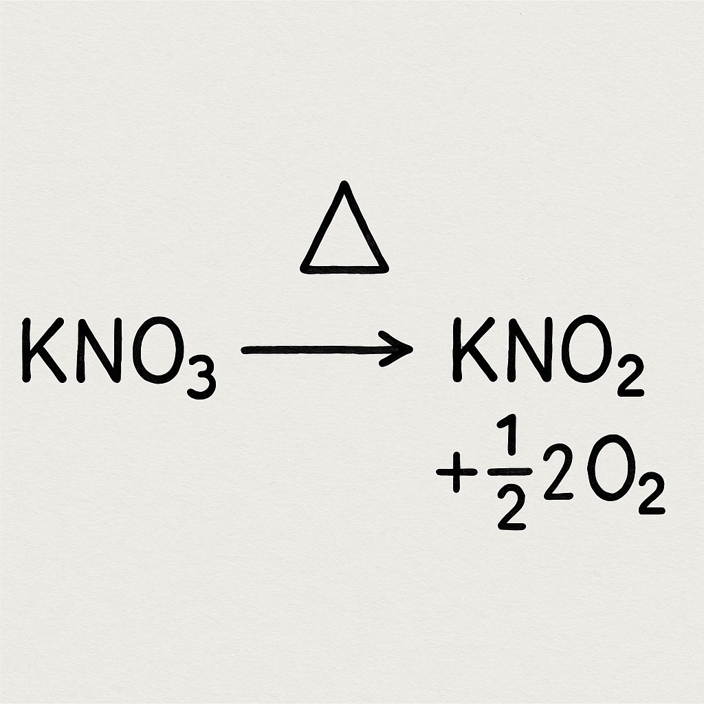 Chemical reaction diagram showing decomposition of potassium nitrate