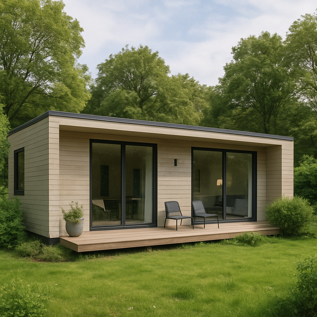 Modern prefabricated house surrounded by greenery