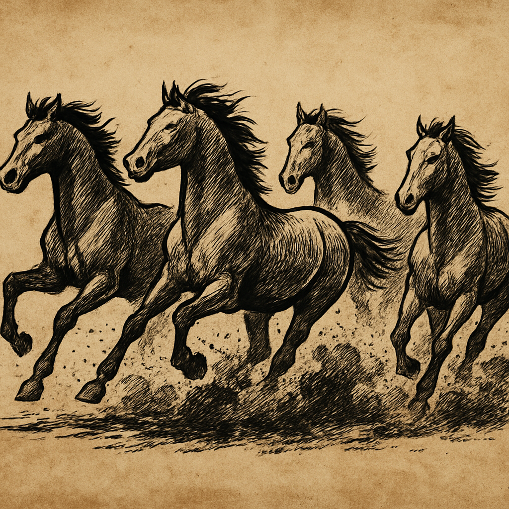 Illustration of galloping horses, symbolizing the urgency and intensity of the message in Surah Adiyat