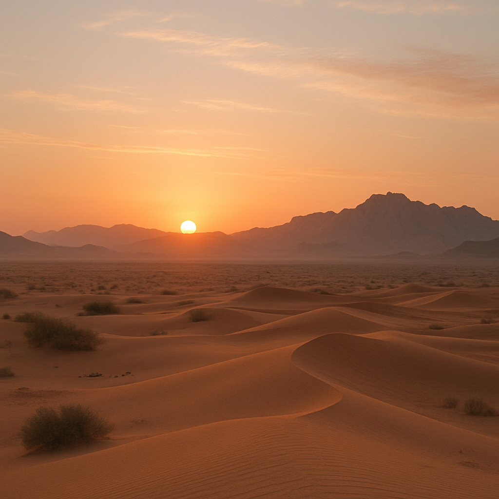 A serene desert landscape at sunrise, symbolizing the setting of Surah Adiyat