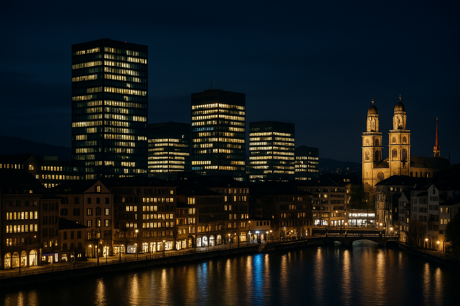 Skyline von Zürich bei Nacht mit geschäftigen Büros