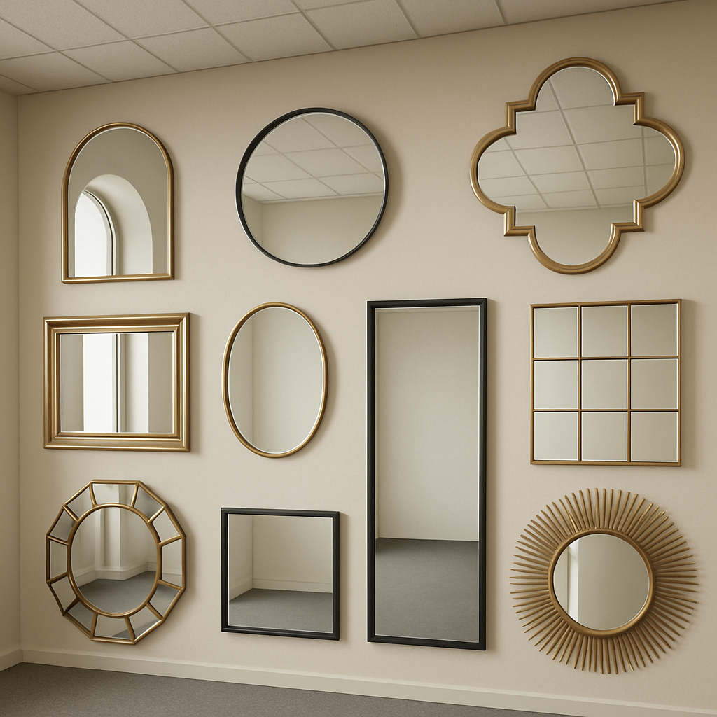 A variety of wall mirror styles and shapes on display in a showroom