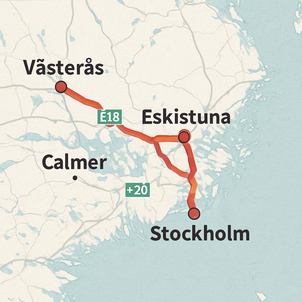 A map highlighting the route from Vasteras to Stockholm with key waypoints