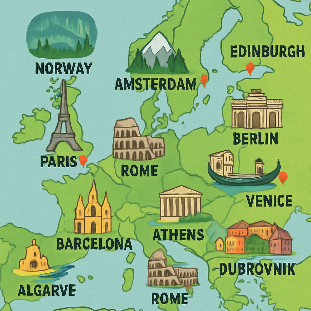 Imagem de um mapa da Europa com destinos turísticos destacados