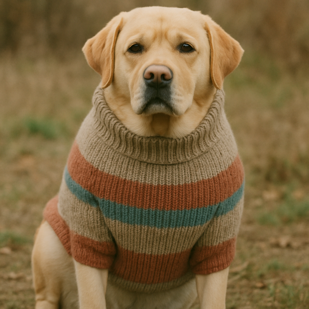 Large dog wearing a cozy sweater