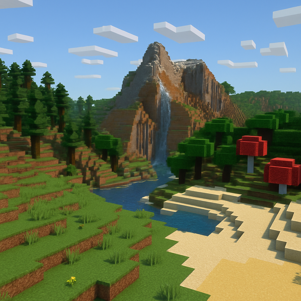 Minecraft landscape with various biomes