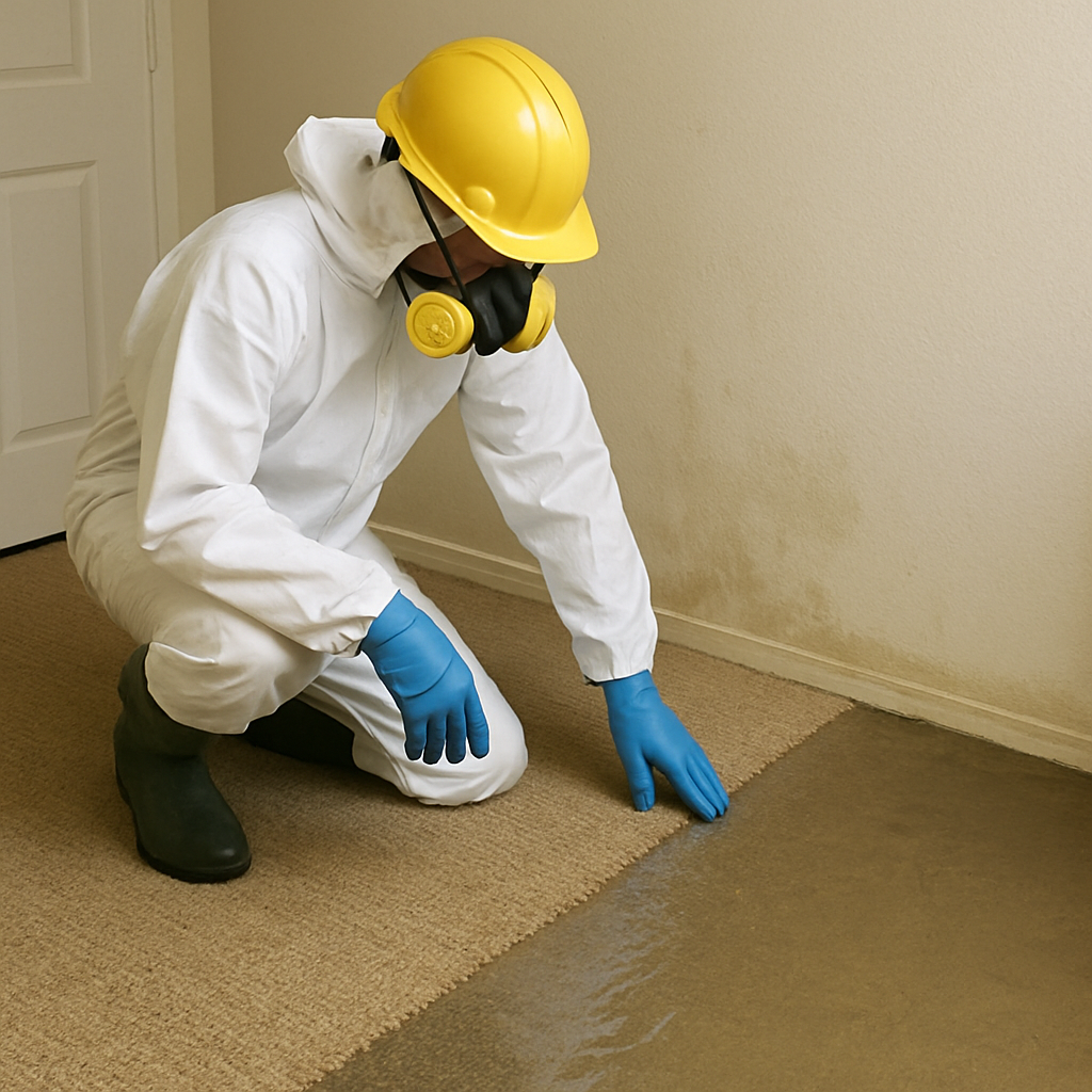 Person assessing a flooded carpet with protective gear