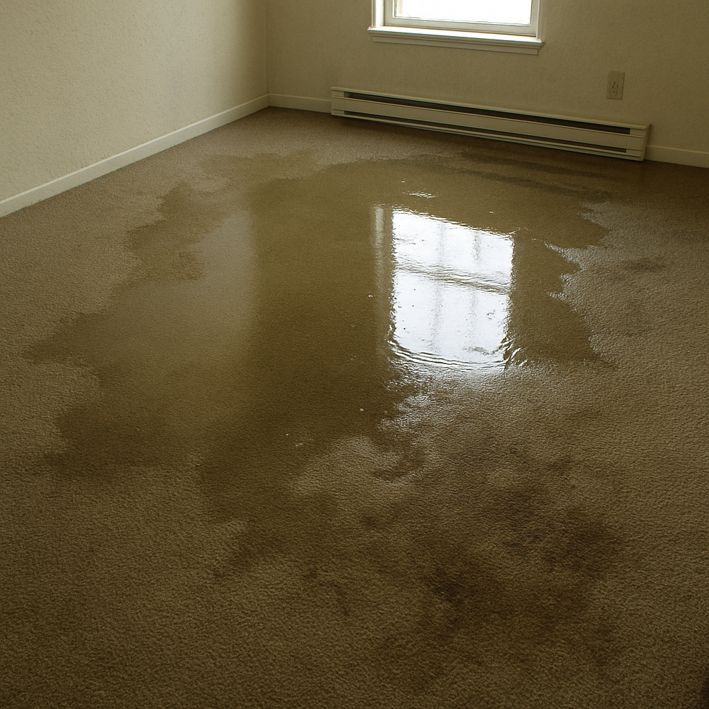 A flooded carpet with visible water damage