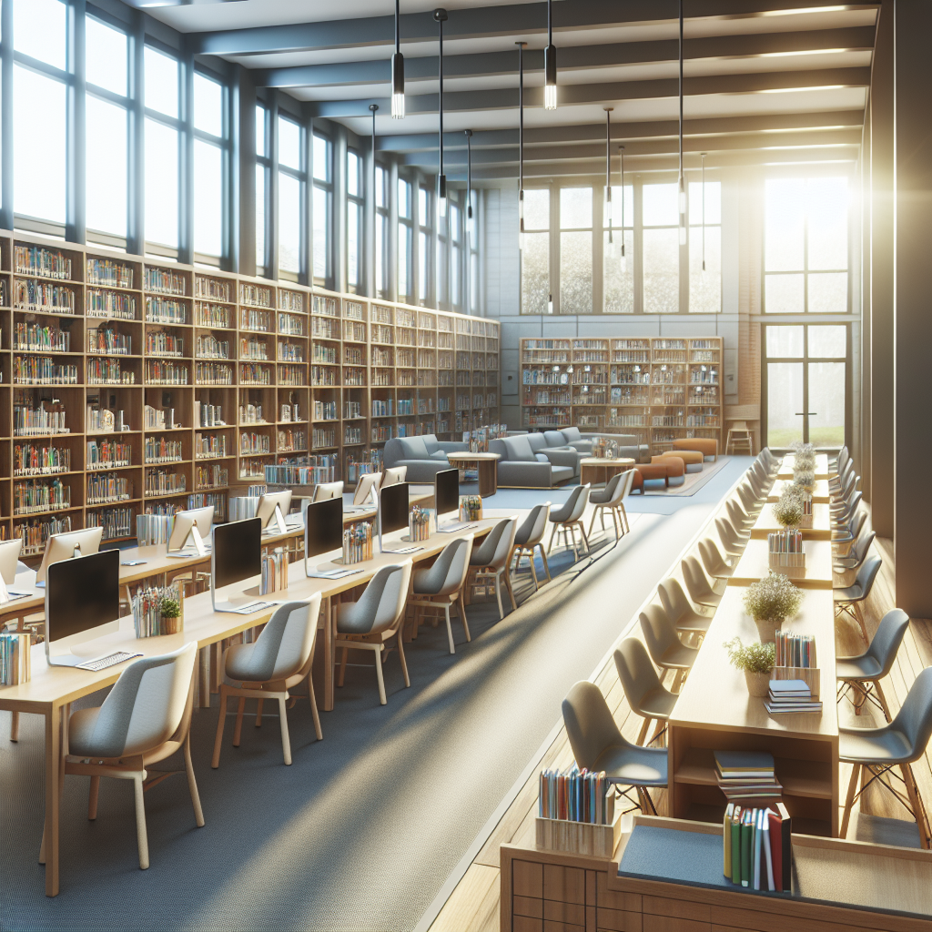modern day school library with computers and poster makers