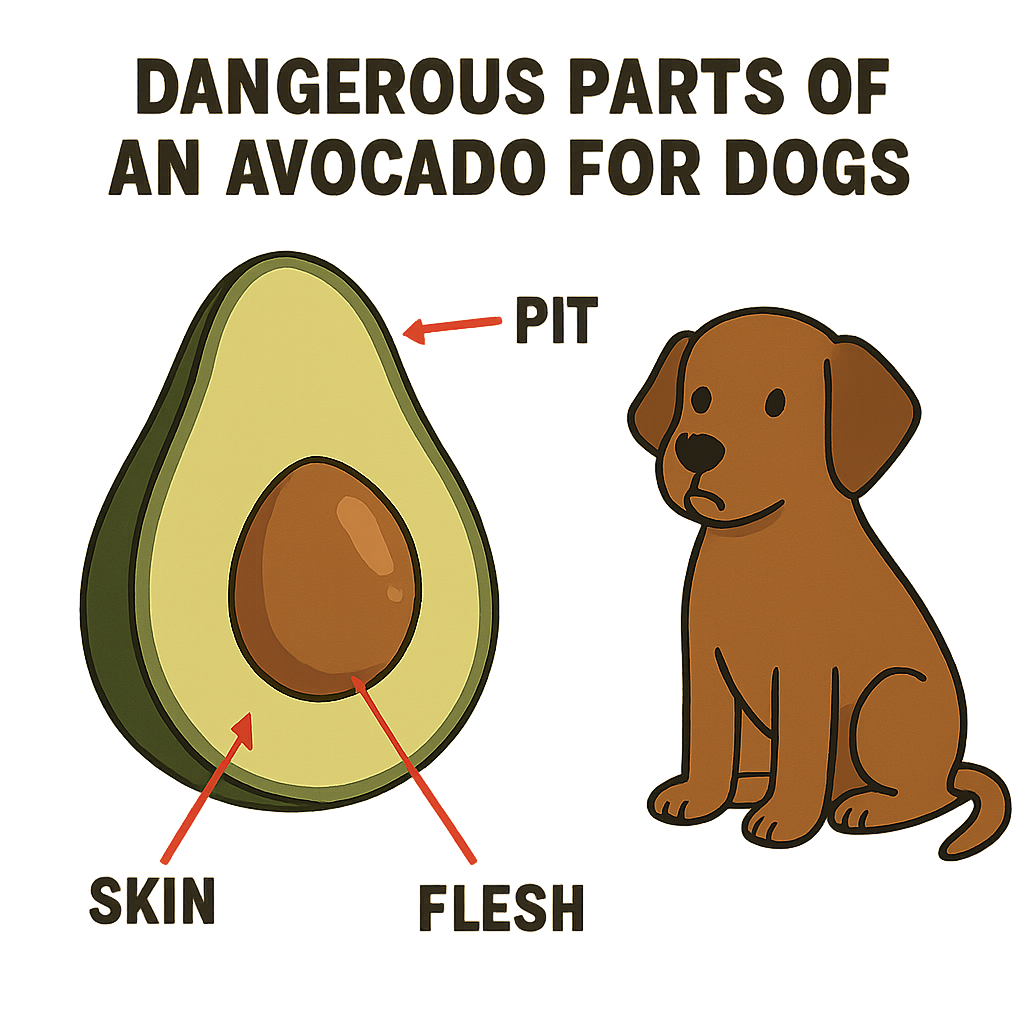 Diagram highlighting the dangerous parts of an avocado for dogs