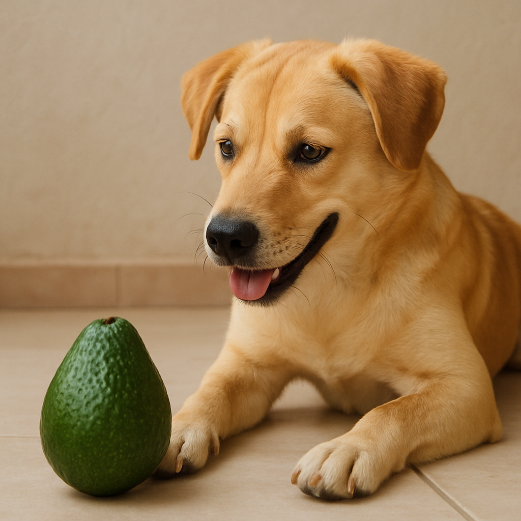 A playful dog looking at a ripe avocado