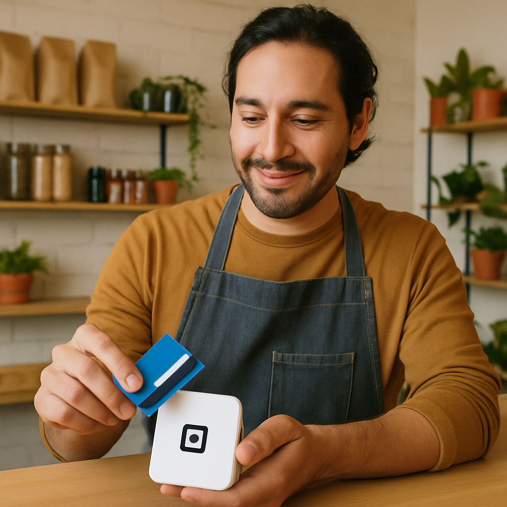 Small business owner using Square reader