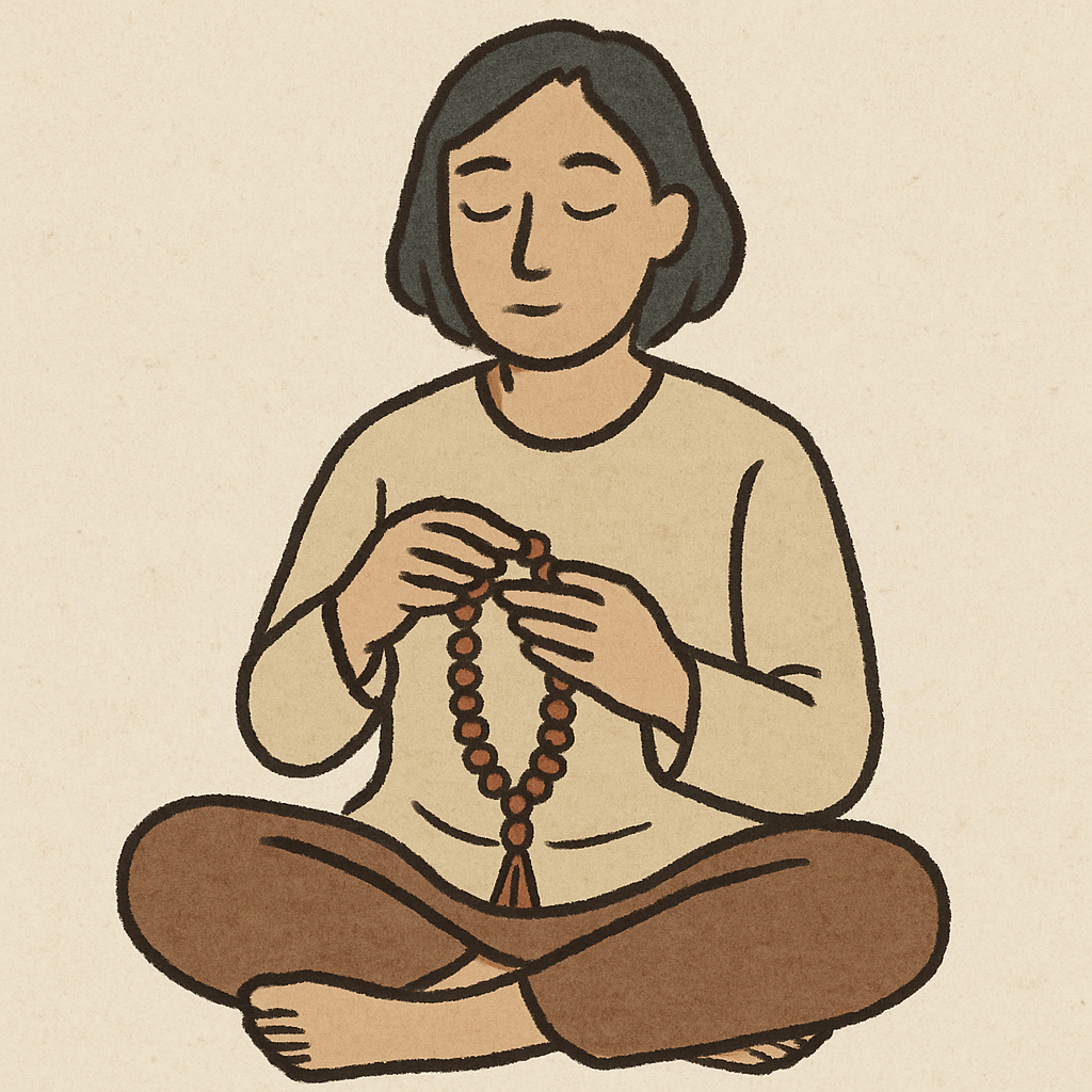 Person meditating with prayer beads