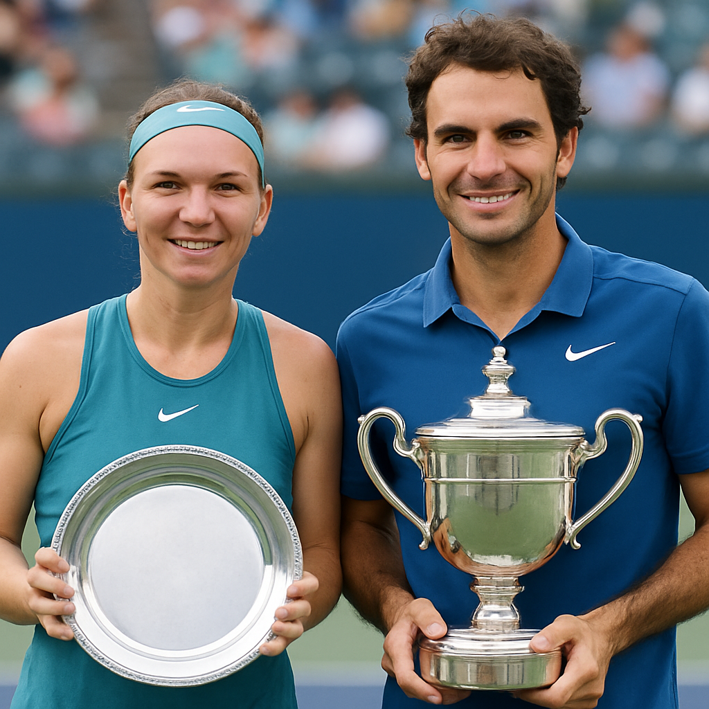 Tennis players holding trophies