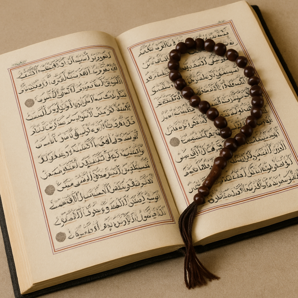 Open Quran with prayer beads