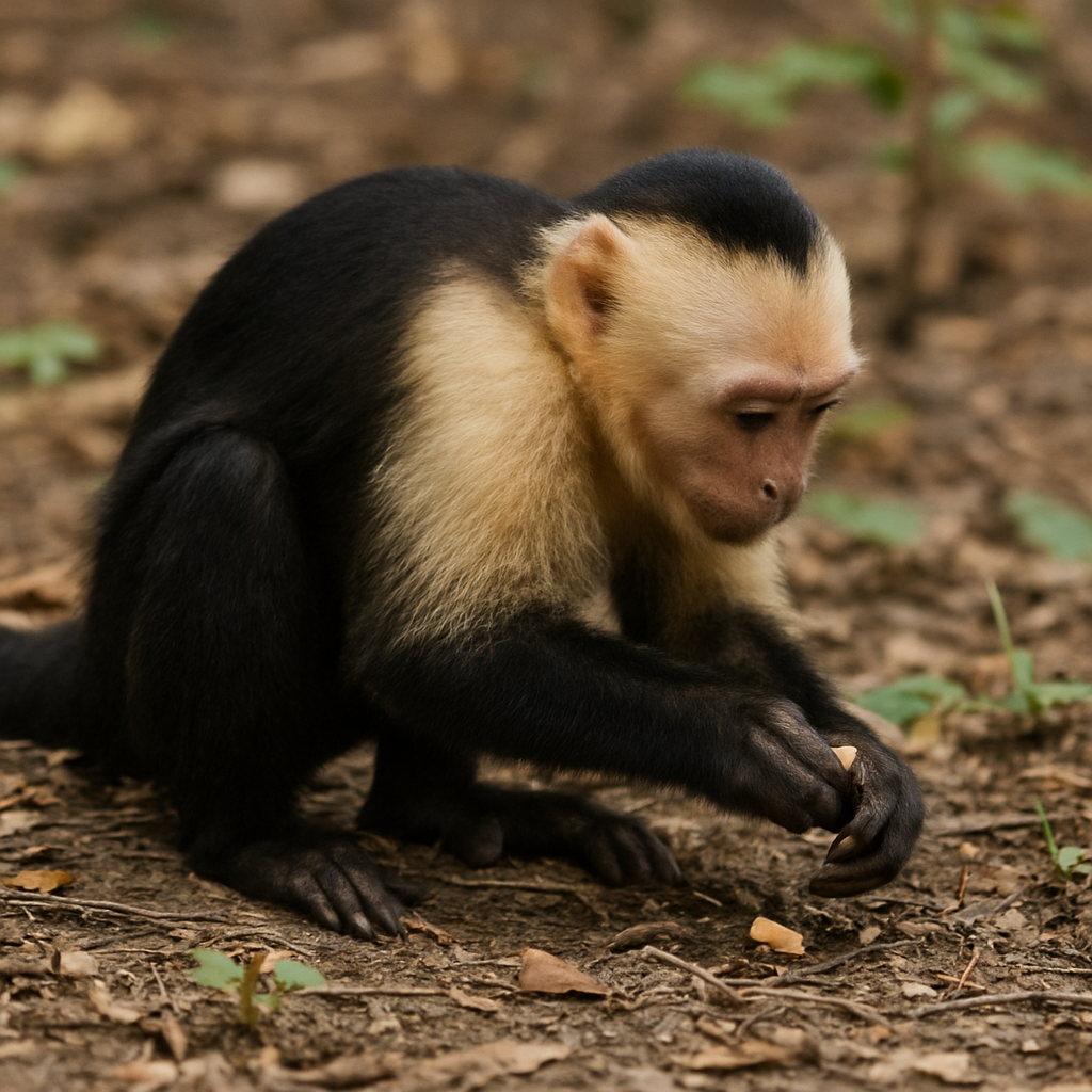 Capuchin monkey foraging for food