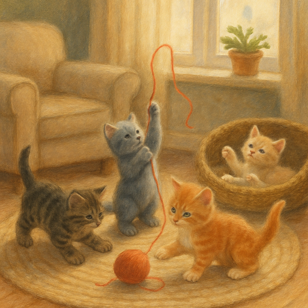 Kittens playing in a cozy room