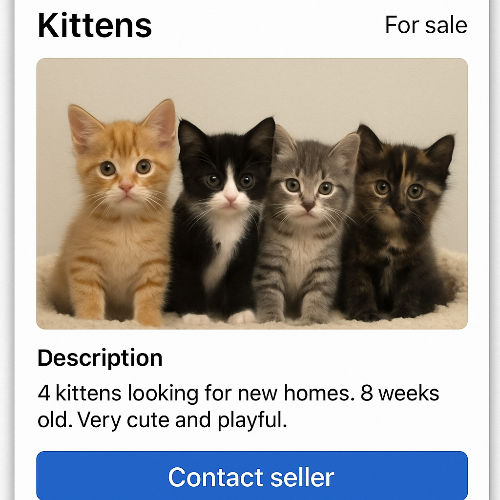 Screenshot of an online classified ad for kittens