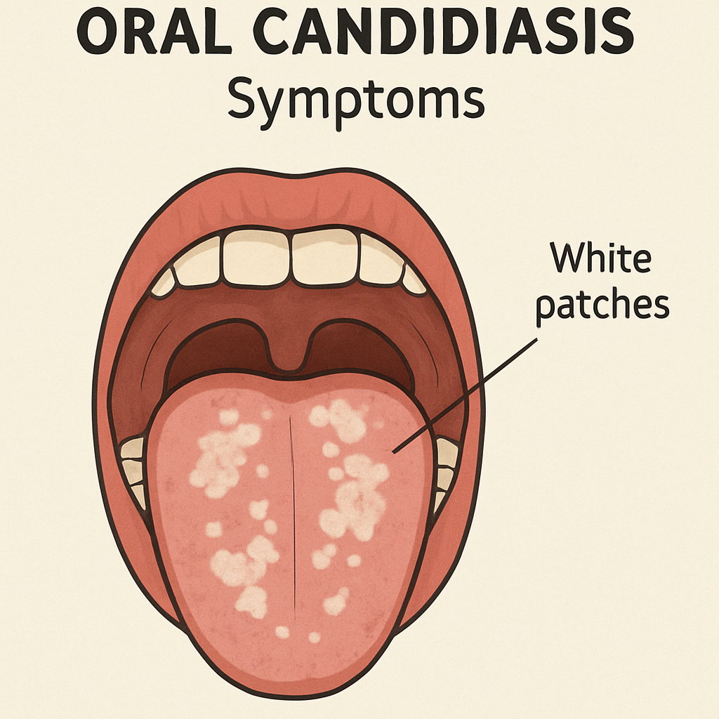 Illustration of oral candidiasis symptoms