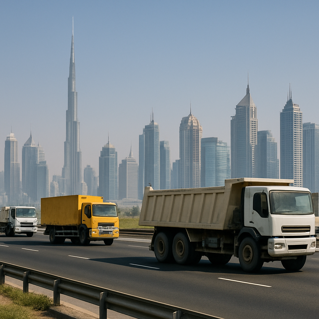 Dubai cityscape with trucks