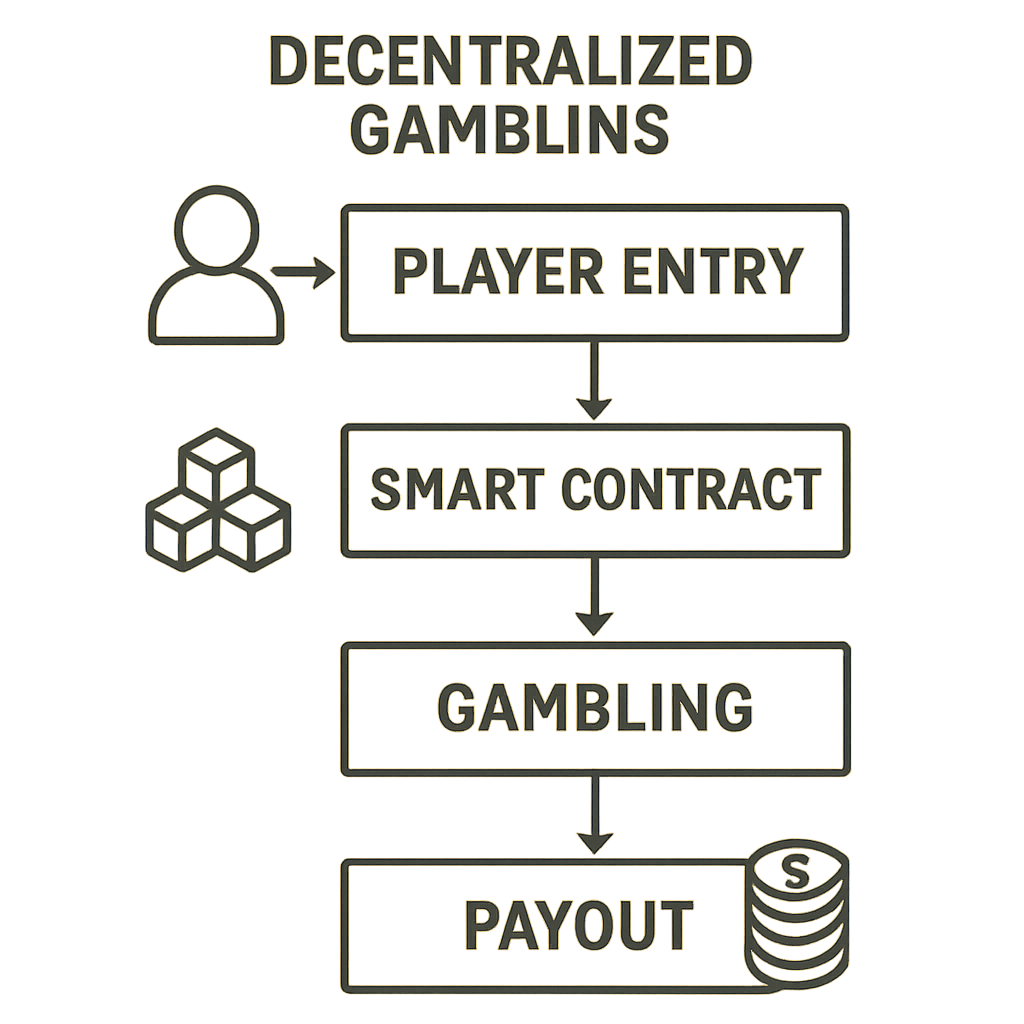 A flowchart showing the process of decentralized gambling from player entry, smart contract interaction, to payouts