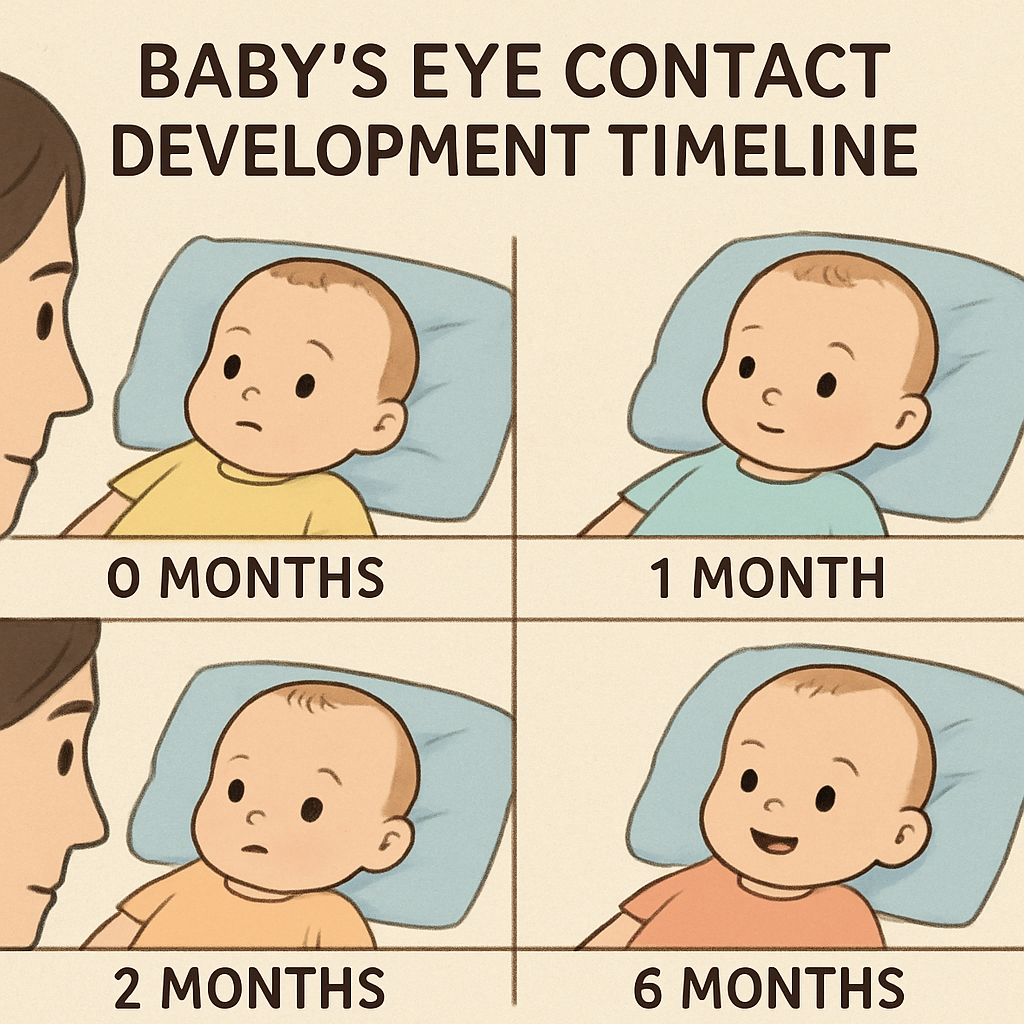 Illustration of a baby's eye contact development timeline from 0 to 6 months