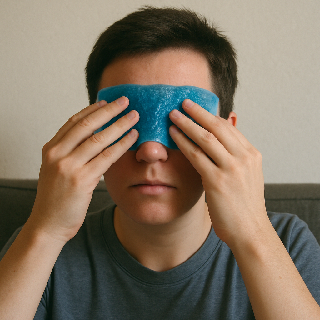 A person applying a cold compress to their eyes