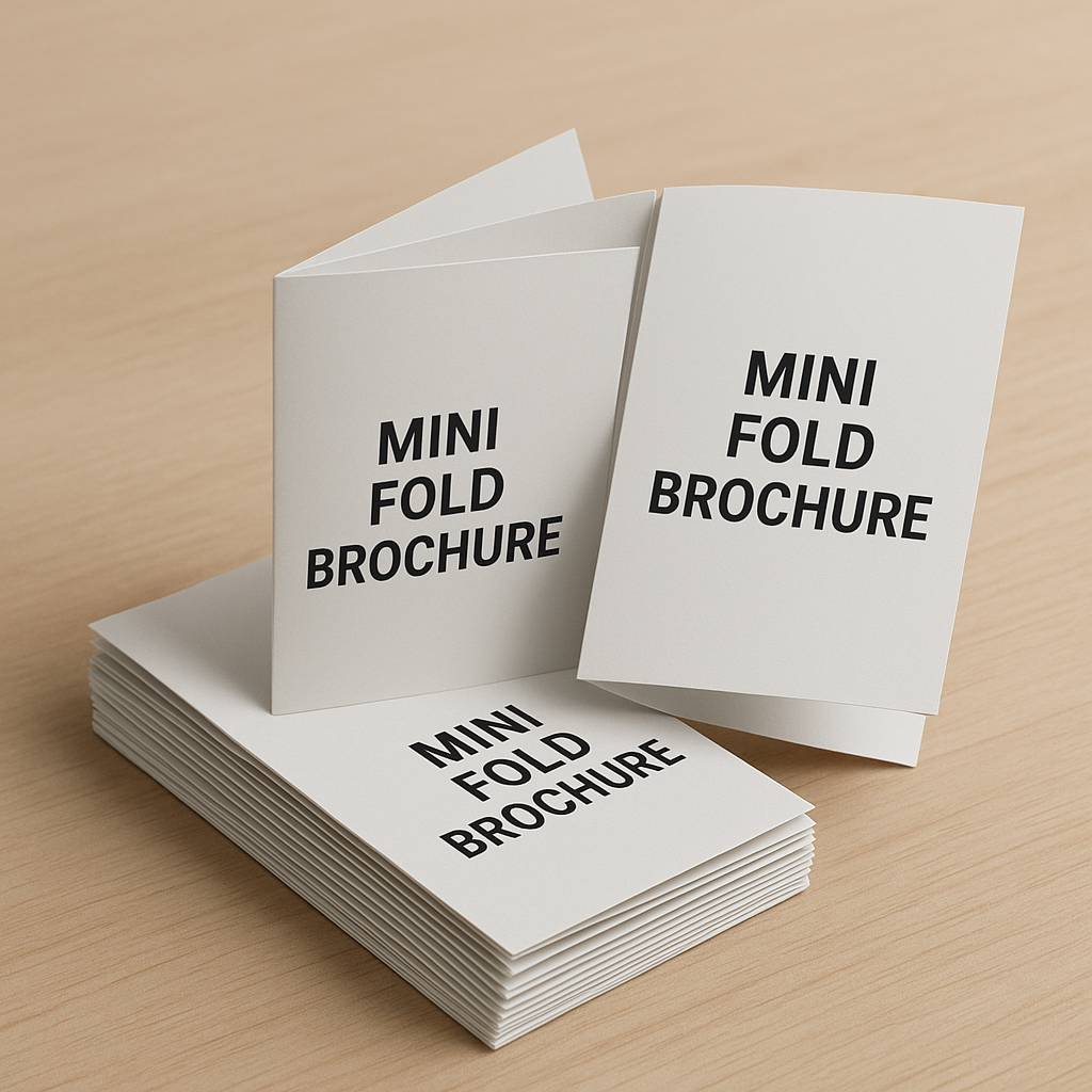 Stack of mini fold brochures on a table