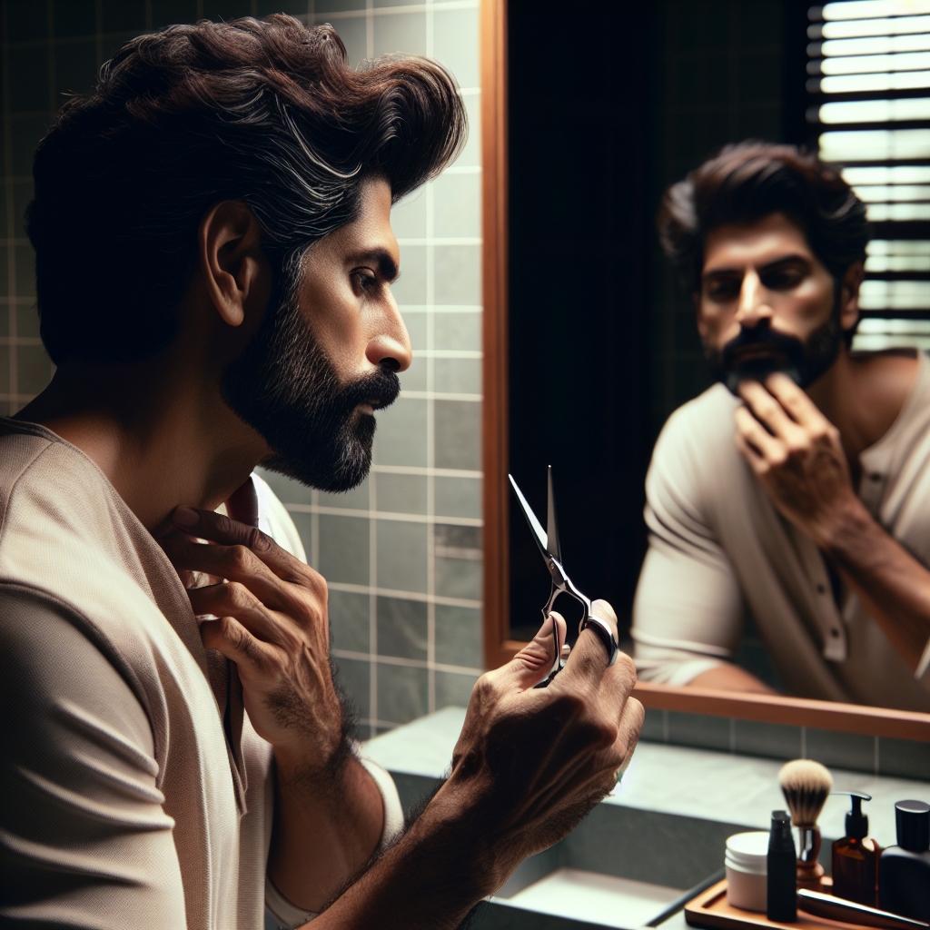 real man trimming beard with grooming scissors