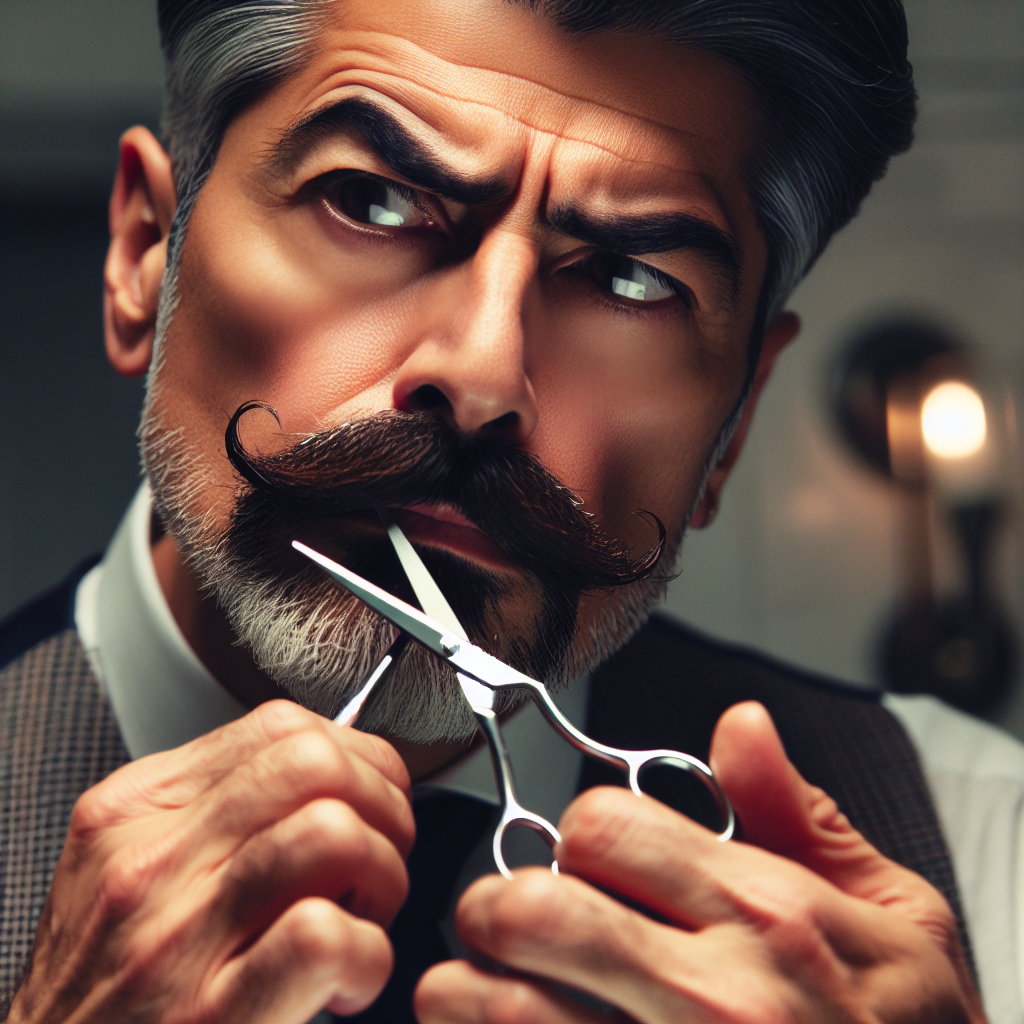real man trimming mustache with grooming scissors