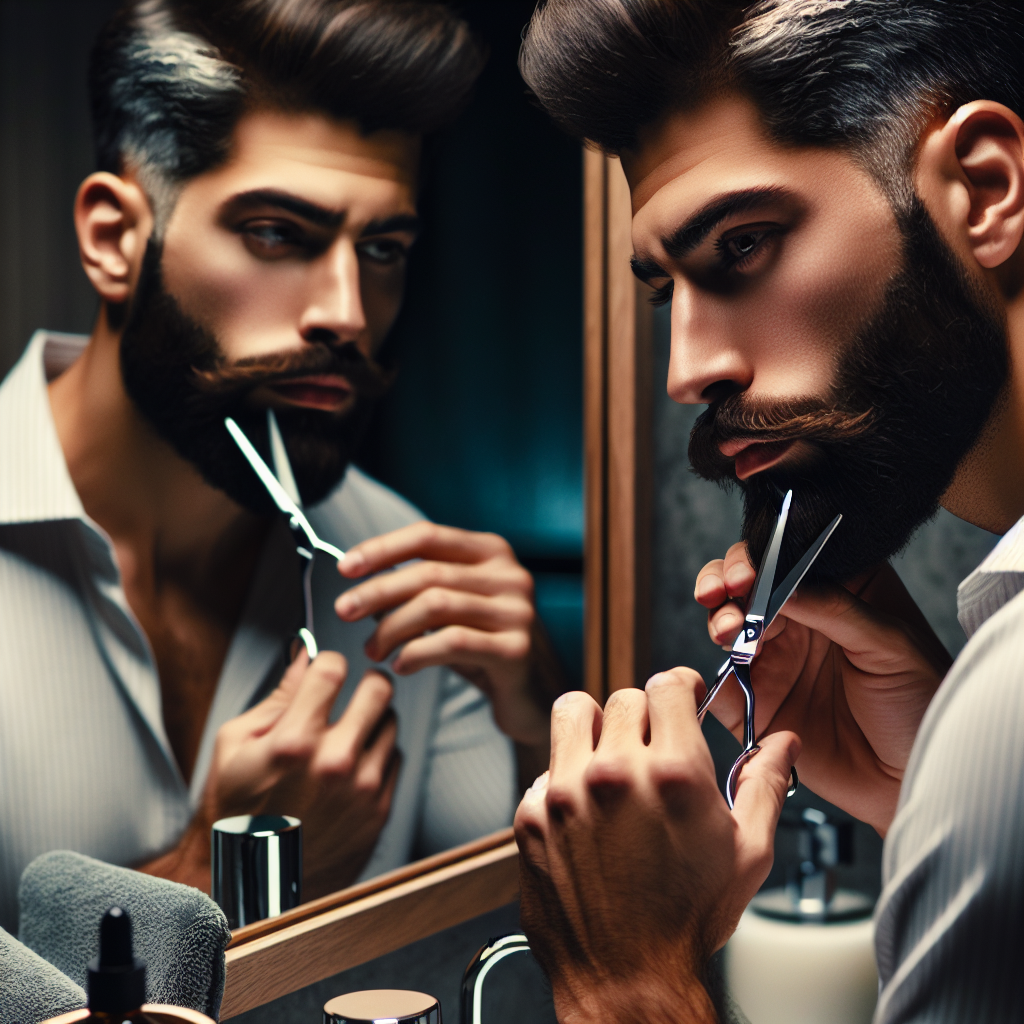 A man looking into a mirror, trimming his beard and mustache