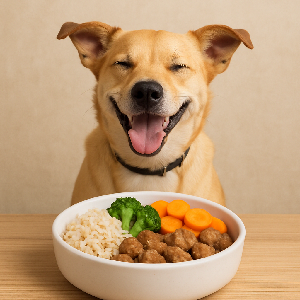 A happy dog enjoying a nutritious meal