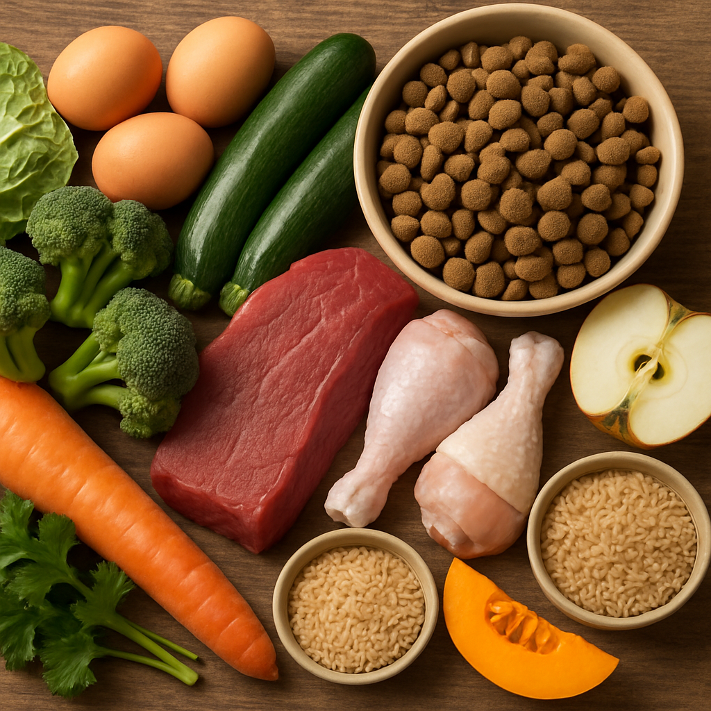 Variety of whole foods including vegetables and meat for dog nutrition
