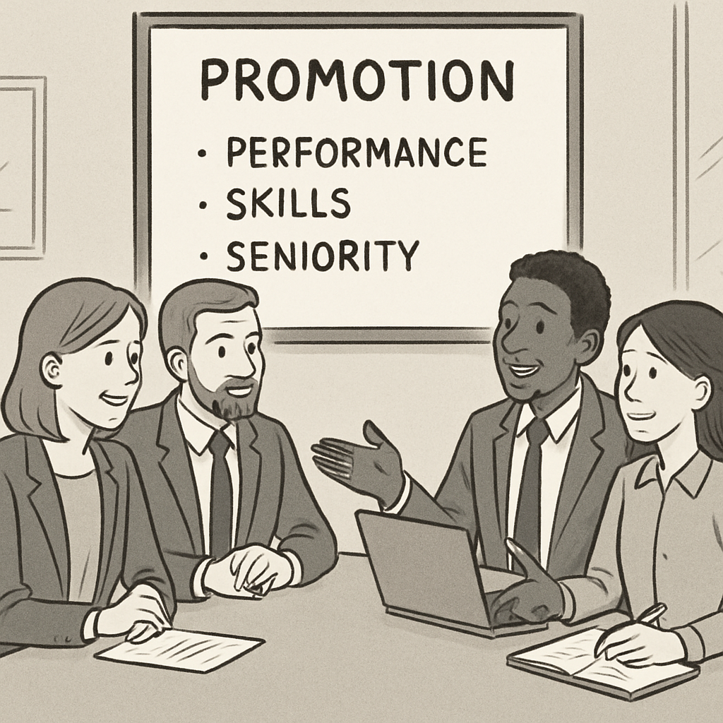 An office team discussing key factors for promotions